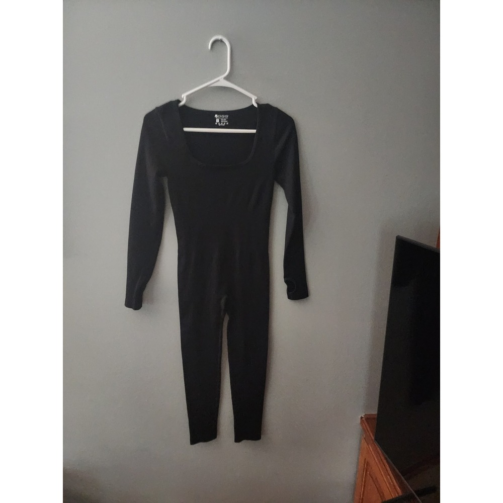 OQQ Women Black Ribbed Long Sleeve Jumpsuit Scoop Neck Bodysuit Small